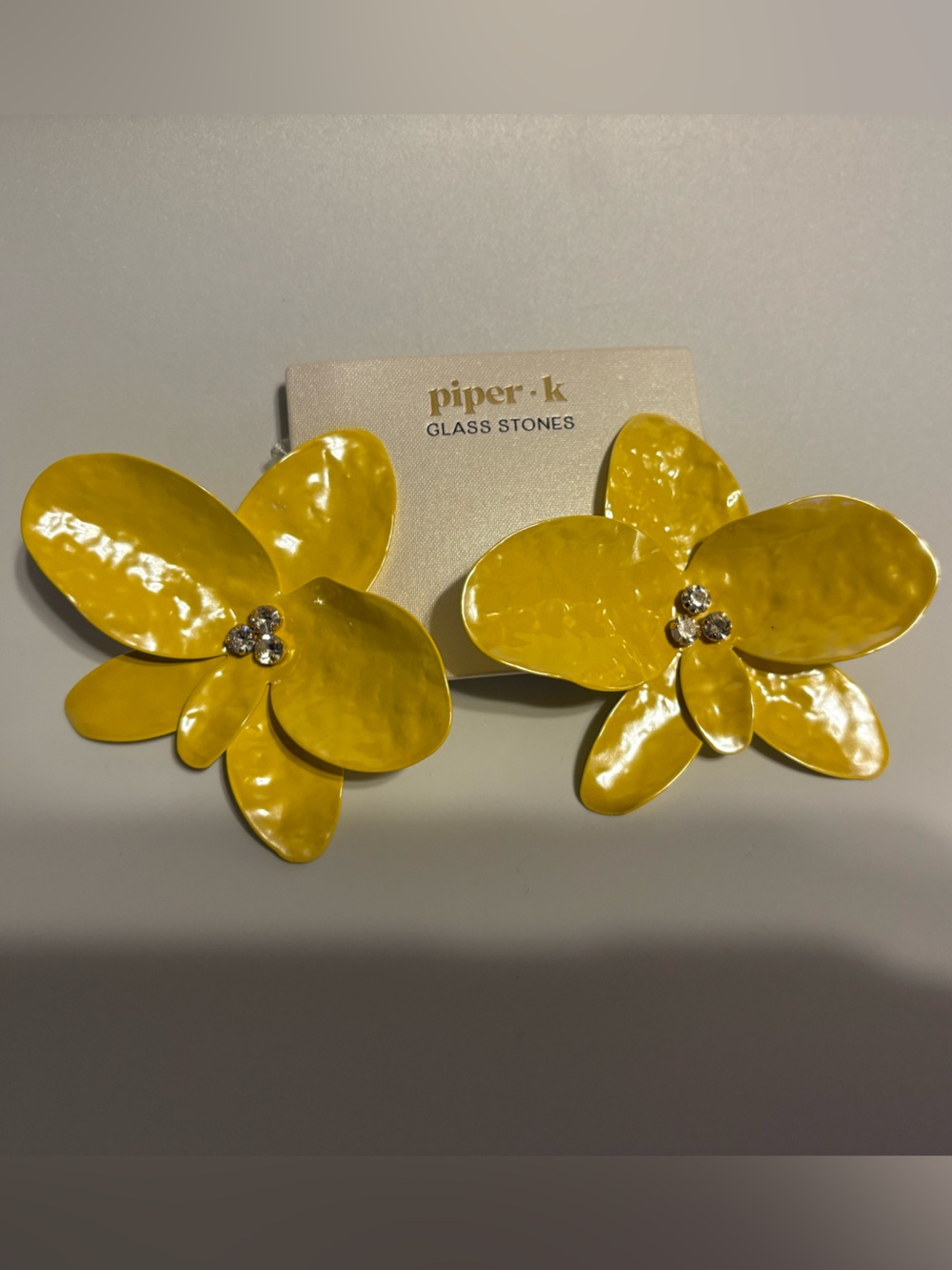 NWT Piper K Yellow Enamel Orchid Flower Earrings with Glass Stones